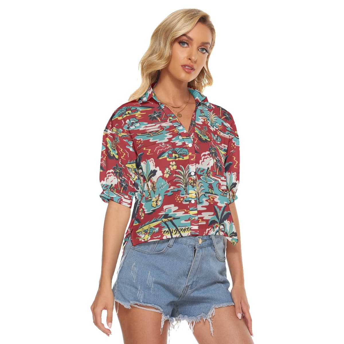 Women’s Red Hawaiian Cropped Shirt (3)