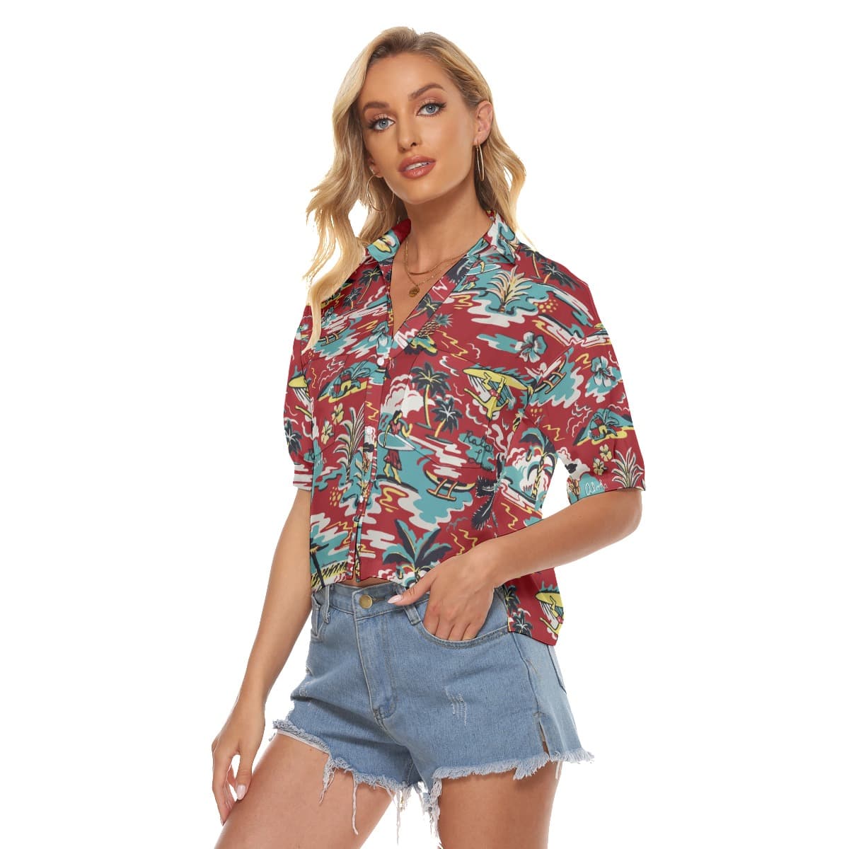 Women’s Red Hawaiian Cropped Shirt (4)