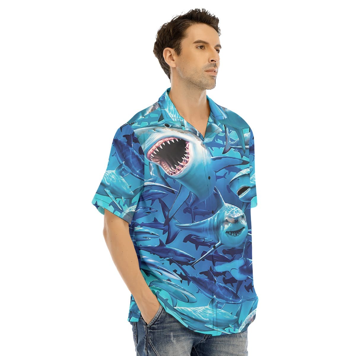 Blue Shark Hawaiian Shirt For Men (2)