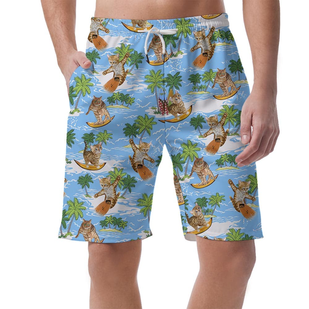 Matching Meow Pattern Hawaiian Shorts Men