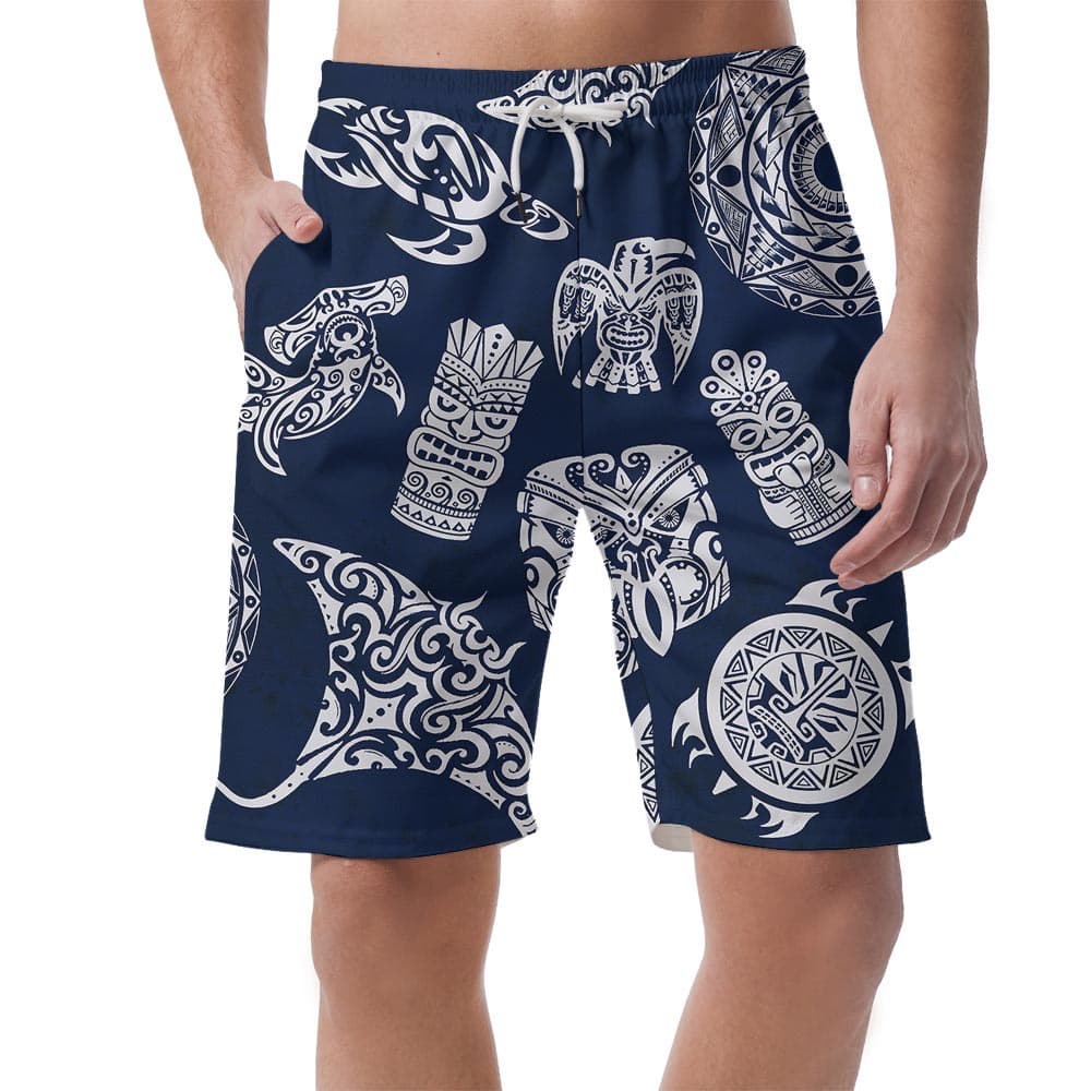 Hawaiian Beach Shorts Men With Tiki Pattern