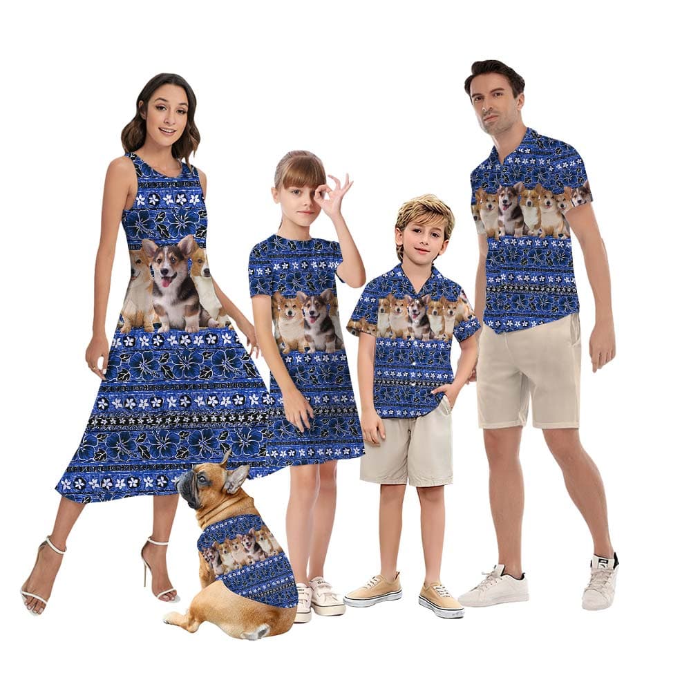 Corgi Blue Family Matching Hawaiian Outfits