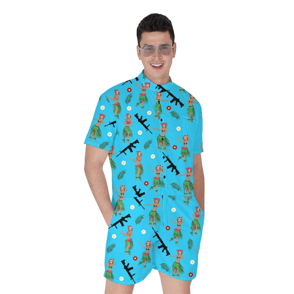 Hawaiian Custom Face Romper Men With Tropical Flower Gun