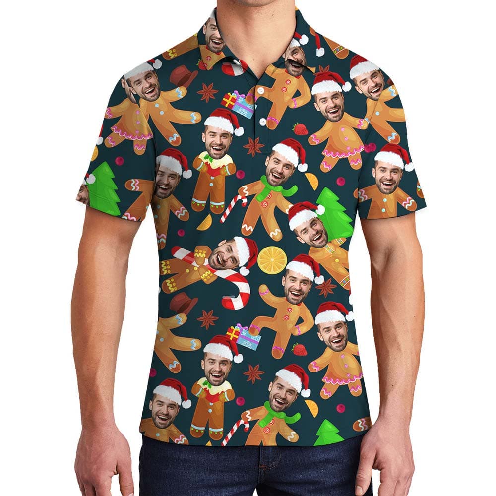 Navy Gingerbread Custom Face Men's Hawaiian Polo