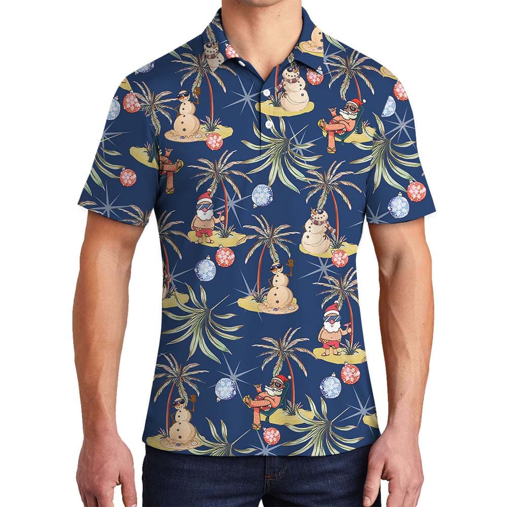 Navy Men's Polo With Santa And Snowman