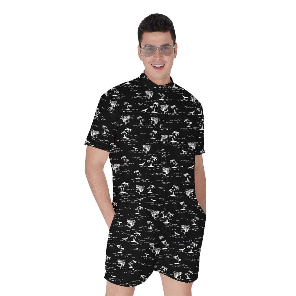Black Aloha Men's Romper With Shark Pattern