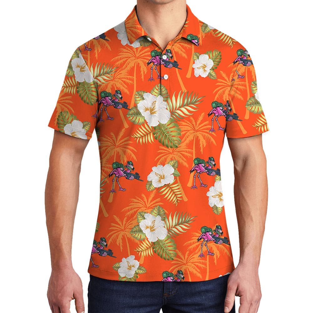 Orange Summer Flamingo Hawaiian Polo Men