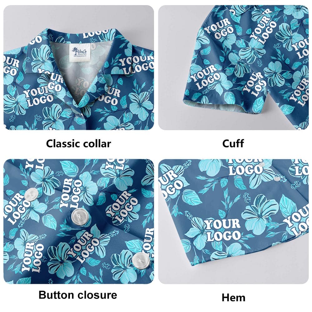 The details of a custom Hawaiian shirt with short sleeves, camp collar, button up closure