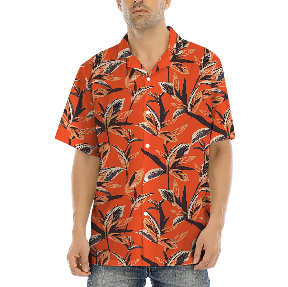 A Button Up Hawaiian Shirt with Leaves on Orange Background