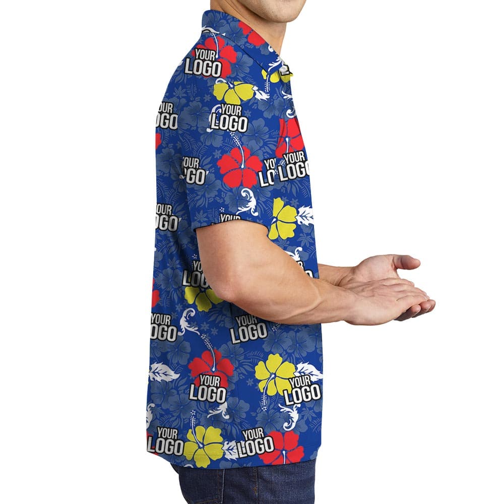 Blue Hawaiian Golf Shirt With Logo side look