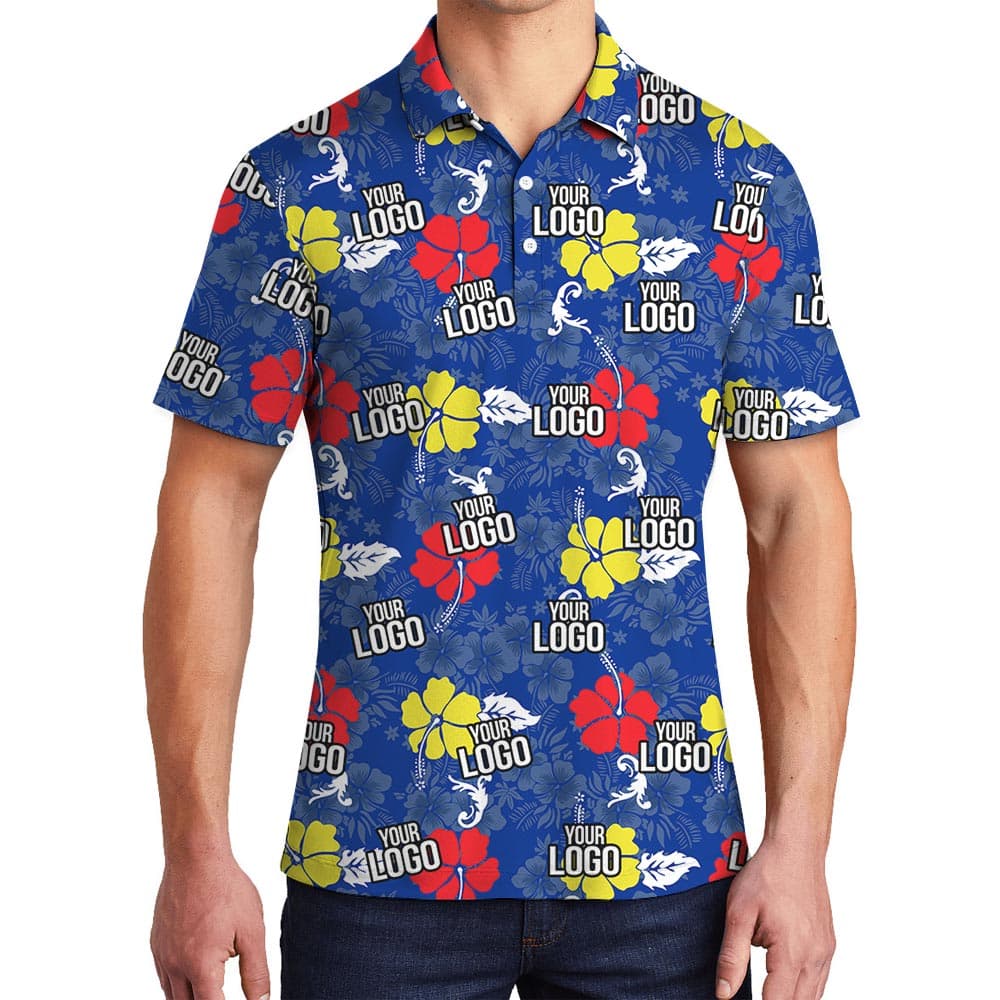 Blue Hawaiian Golf Shirt With Logo with tropical theme and hibiscus