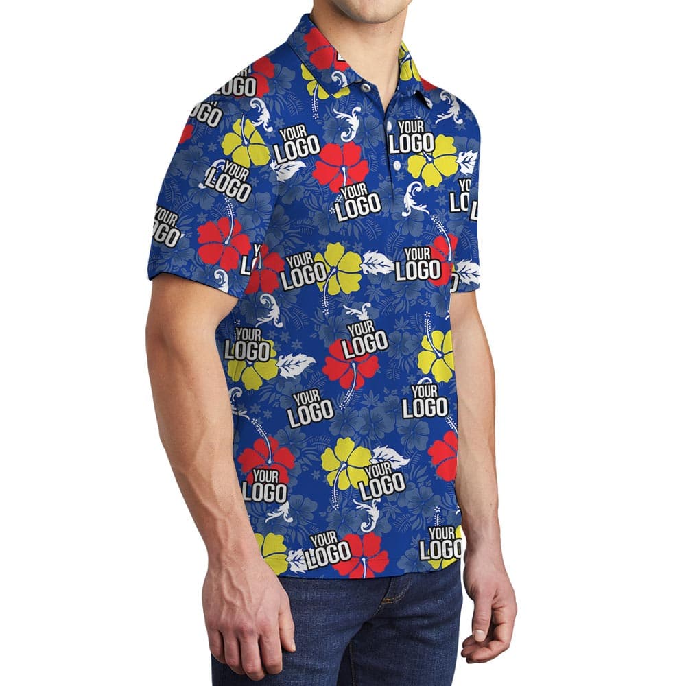 Blue Hawaiian Golf Shirt With Logo side view on a man model