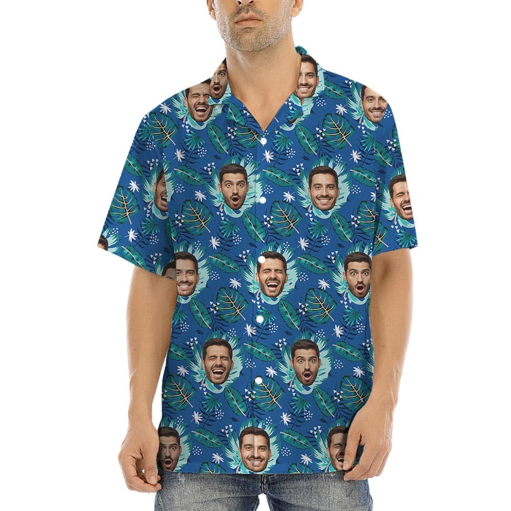 Custom Aloha Shirt With 5 Faces has a blue print with tropical leaves and faces on them