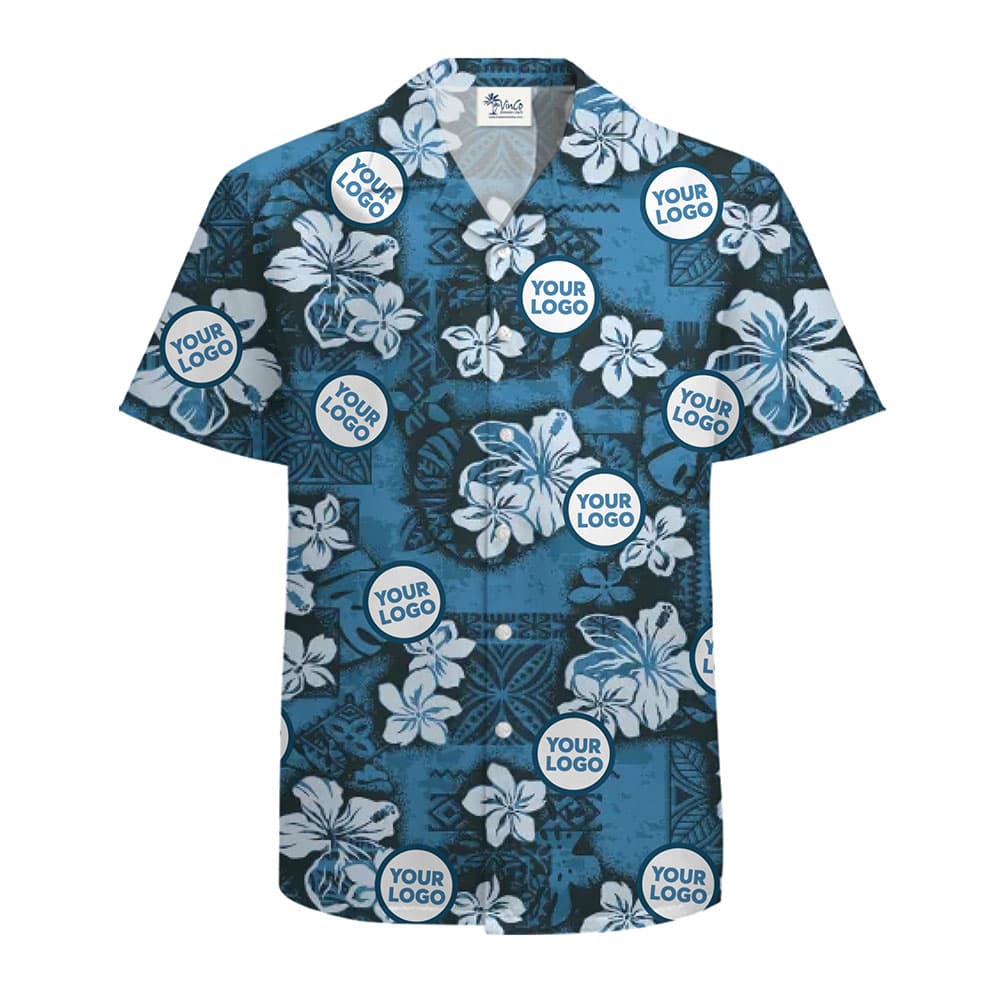 Custom Hibis shirt featuring white floral patterns and personalized 'Your Logo' design, ideal for branding, promotional events, or casual wear