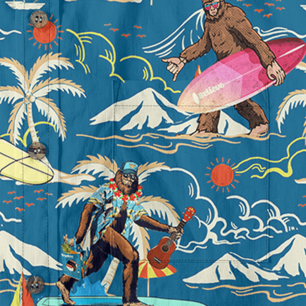 Tropical Surfing Bigfoot Cotton Button Down Shirt
