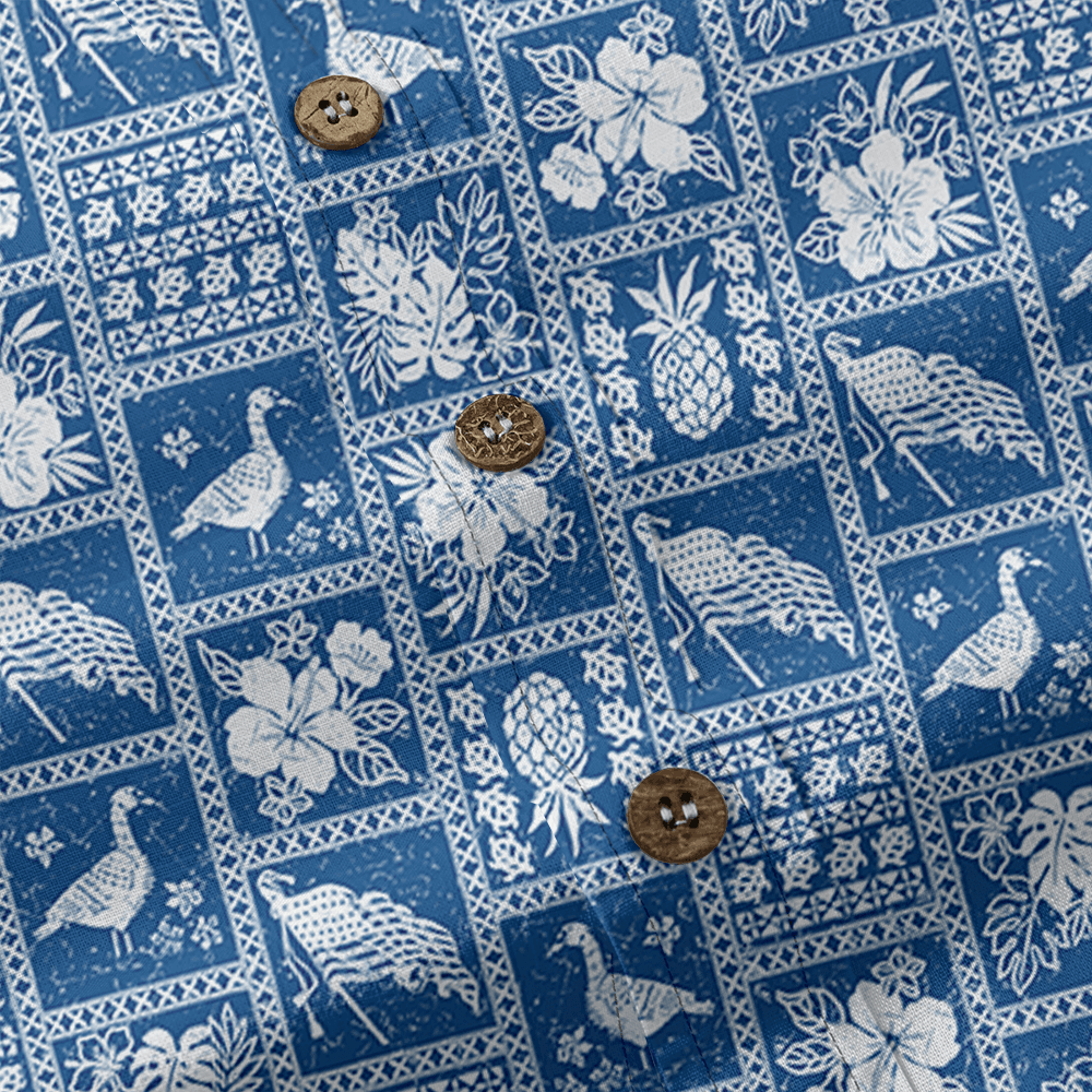 Blue Paradise Print Cotton Button Down Shirt