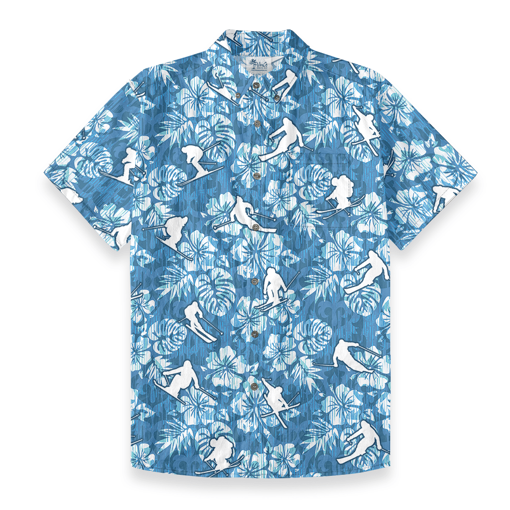 Skiing Cotton Button-Down Shirt with Tropical Print