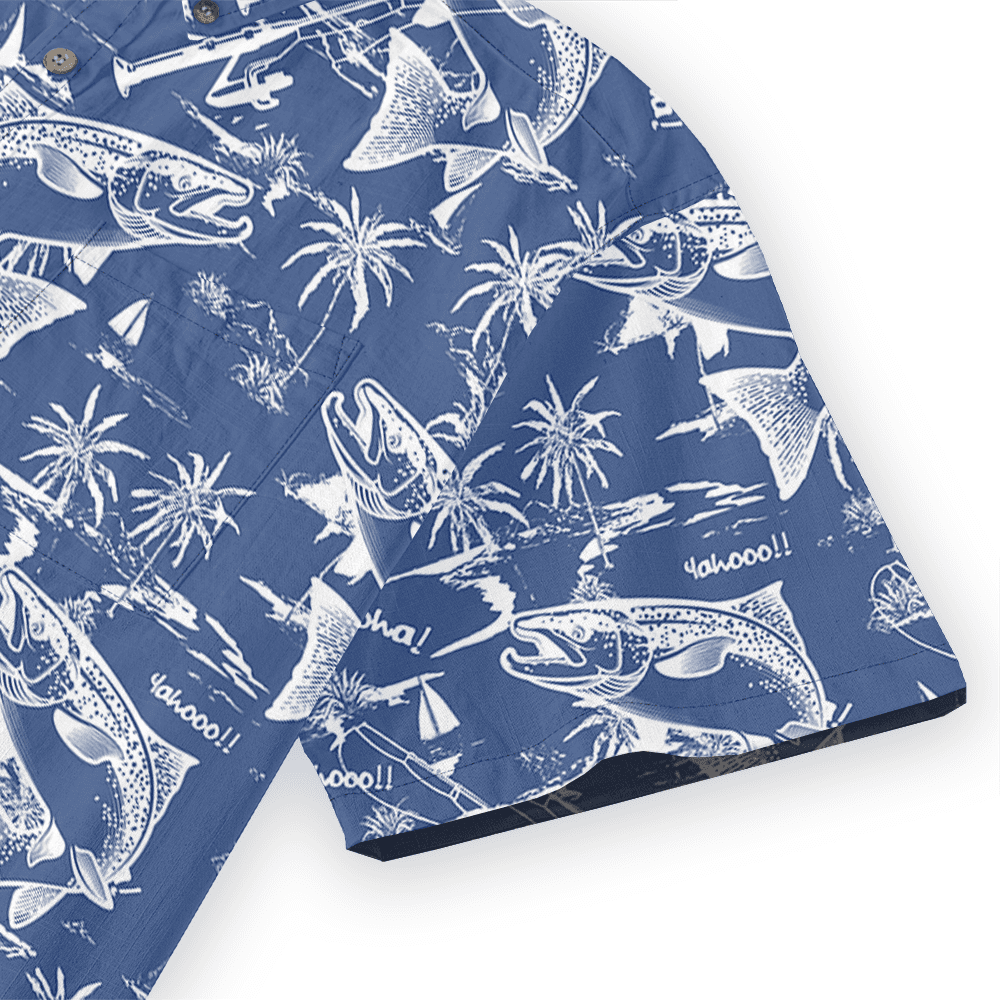 Blue Cotton Fishing Print Button Down Shirt