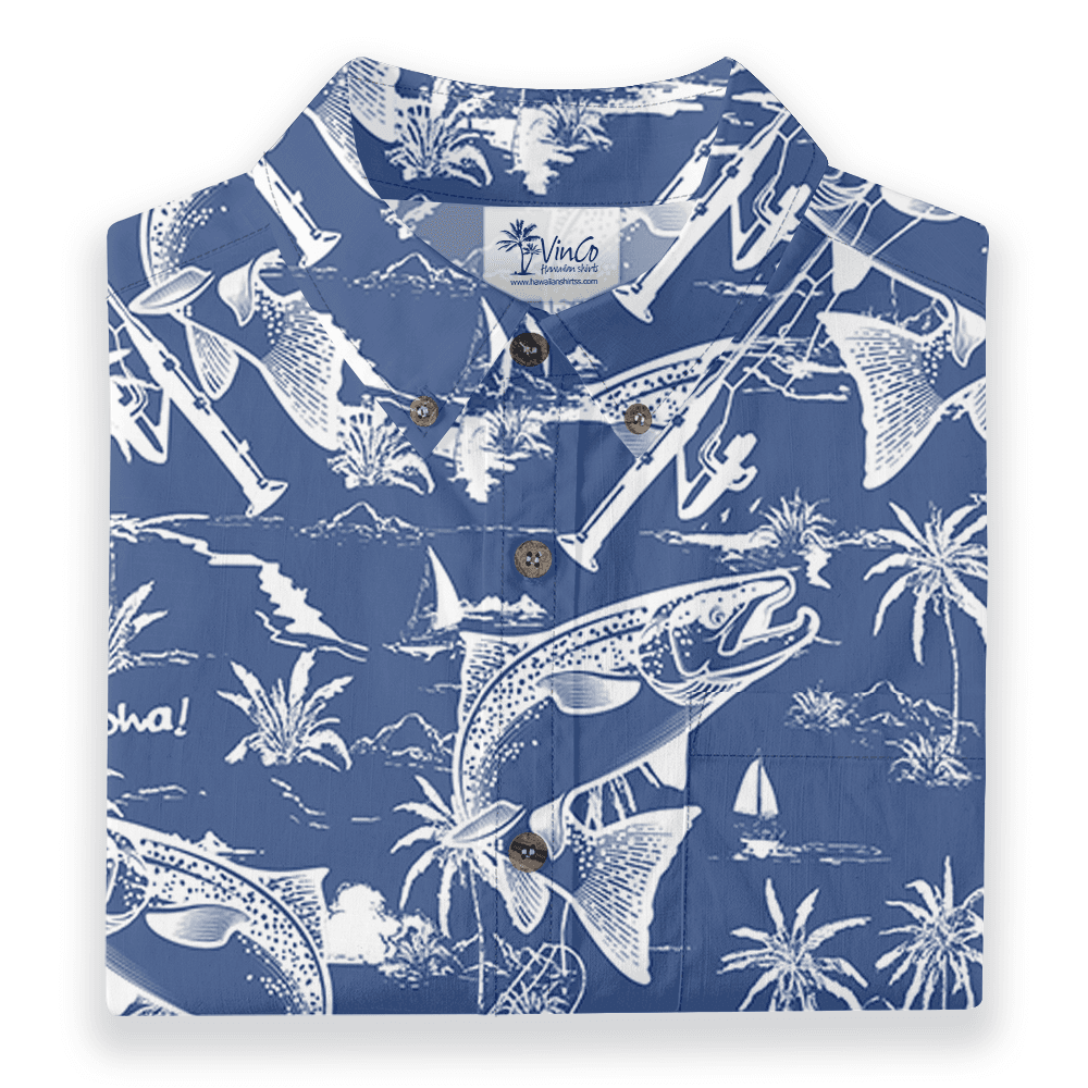 Blue Cotton Fishing Print Button Down Shirt