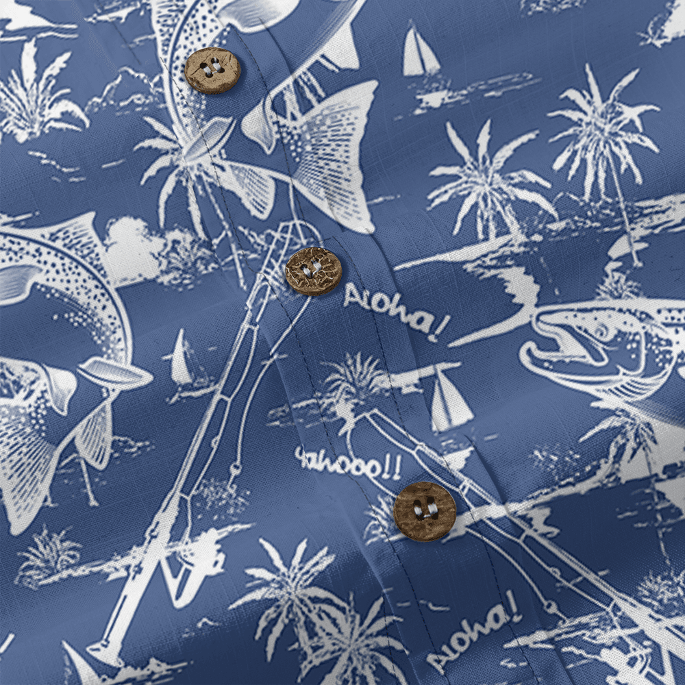Blue Cotton Fishing Print Button Down Shirt