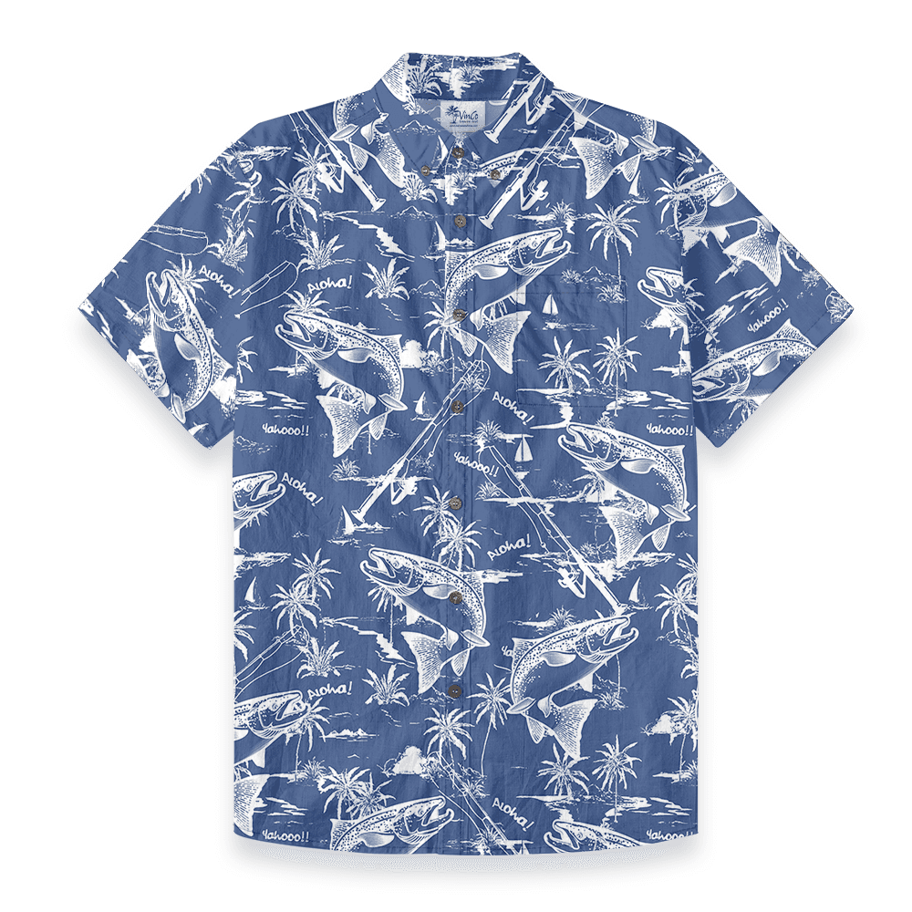Blue Cotton Fishing Print Button Down Shirt