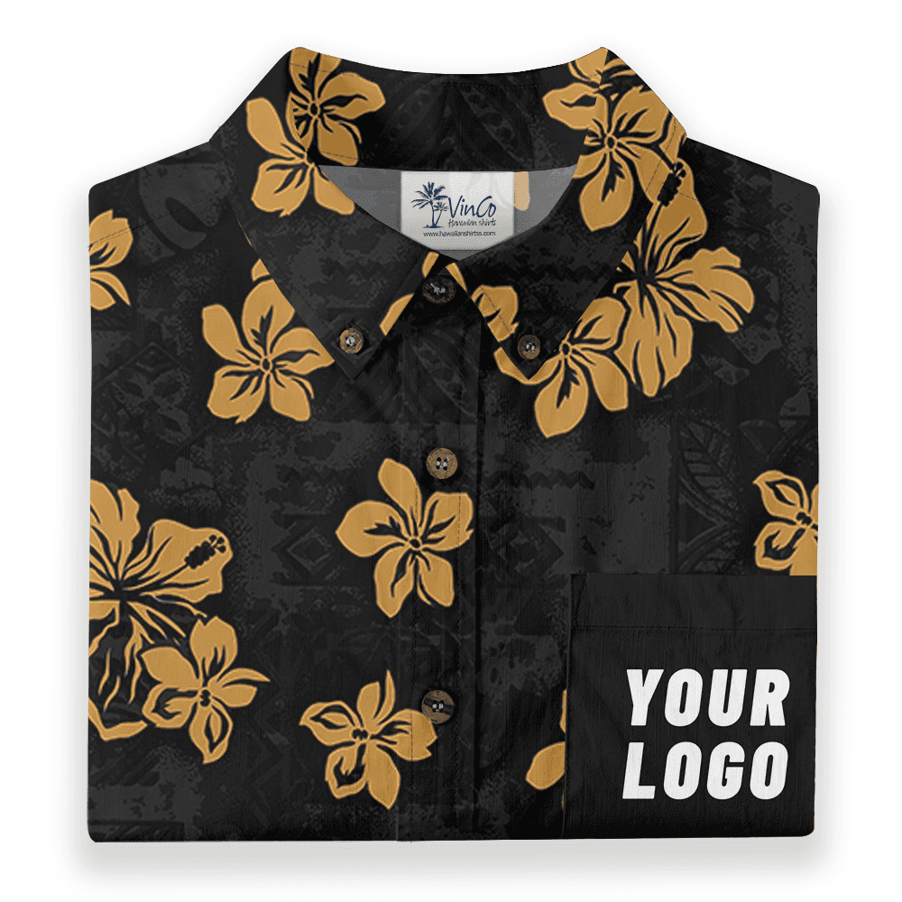 Black Hibiscus Custom Logo Chest Pocket Button Down Shirt