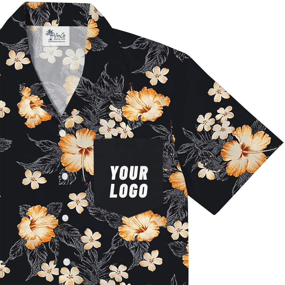 Custom Logo Pocket Hawaiian Shirt with Black Floral Design