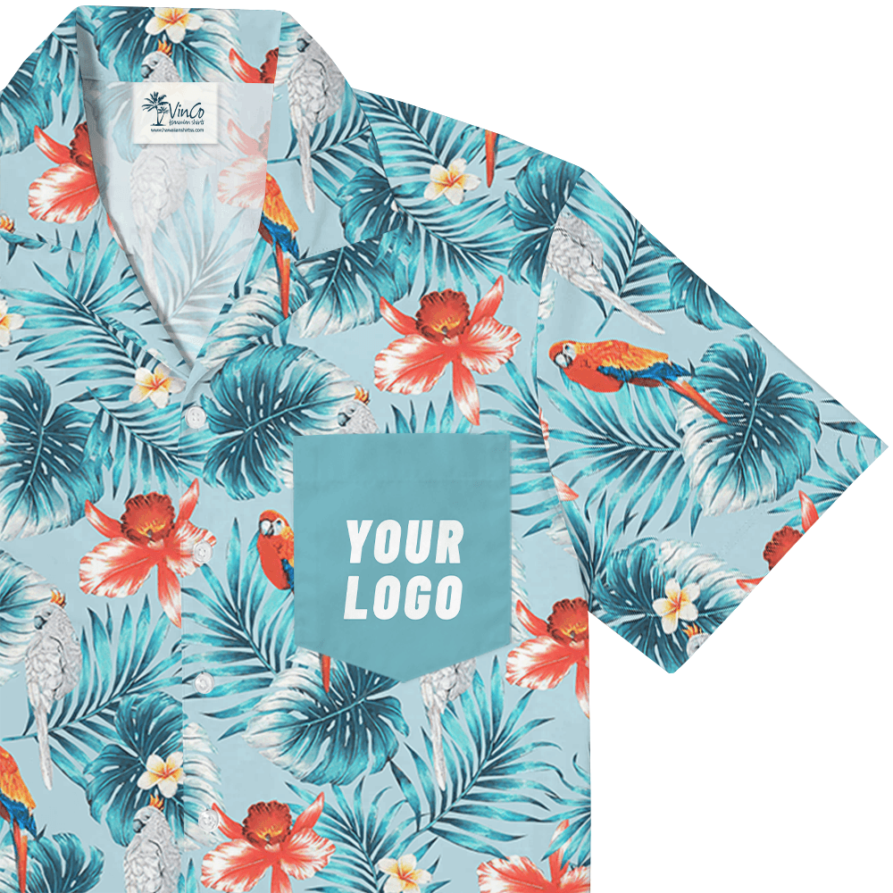 Custom Logo Pocket Hawaiian Shirt with Tropical Parrot Design