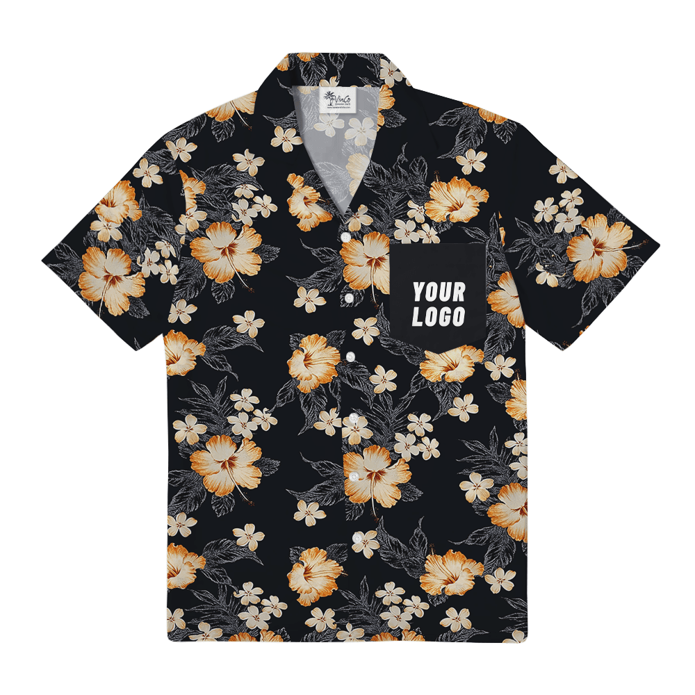Custom Logo Pocket Hawaiian Shirt with Black Floral Design