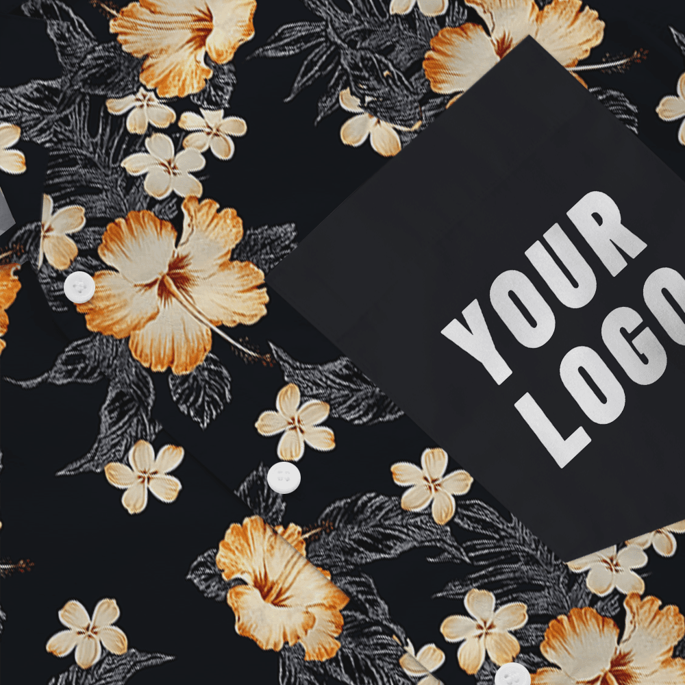 Custom Logo Pocket Hawaiian Shirt with Black Floral Design