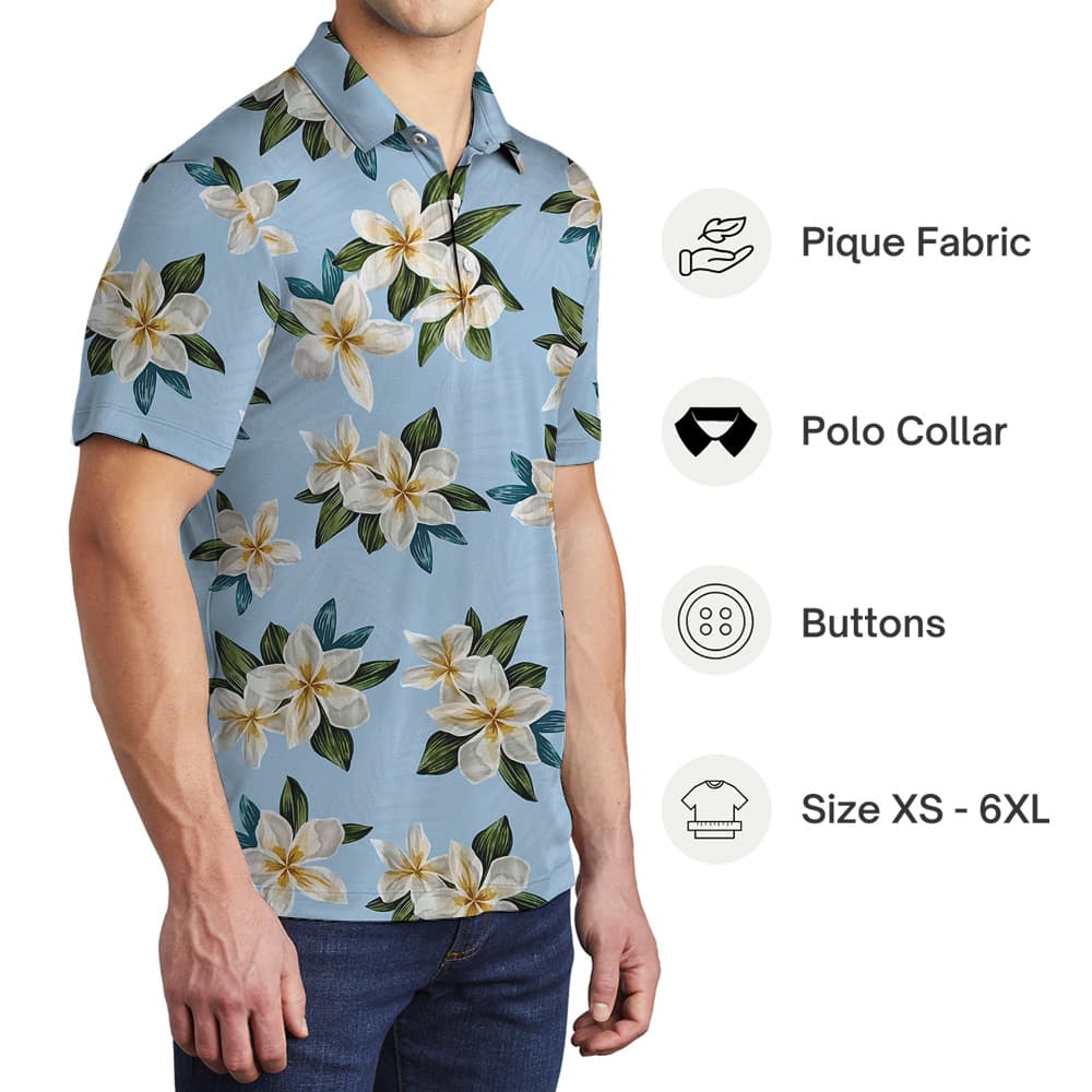 Blue Plumeria Pattern Polo Shirt (2)