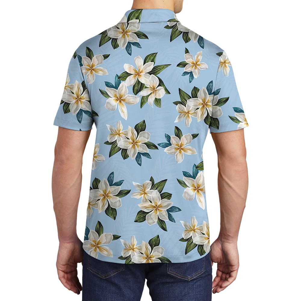 Blue Plumeria Pattern Polo Shirt (3)