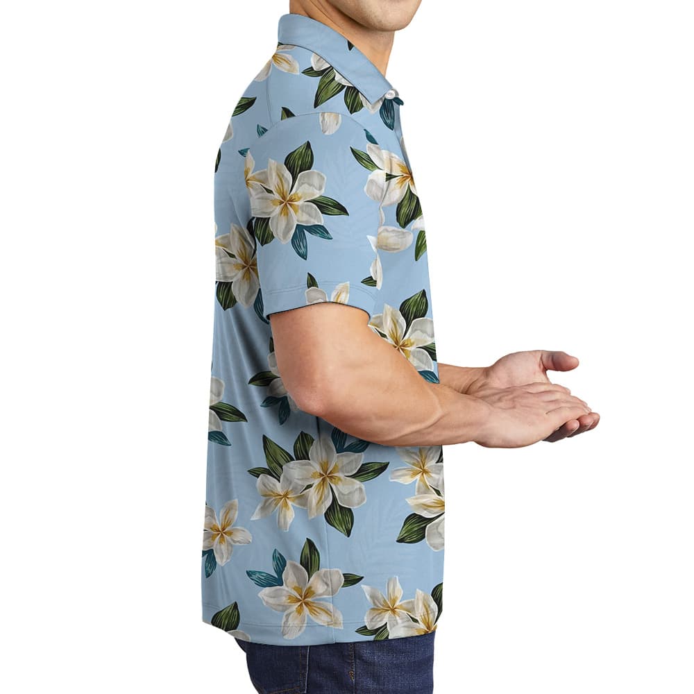 Blue Plumeria Pattern Polo Shirt (4)