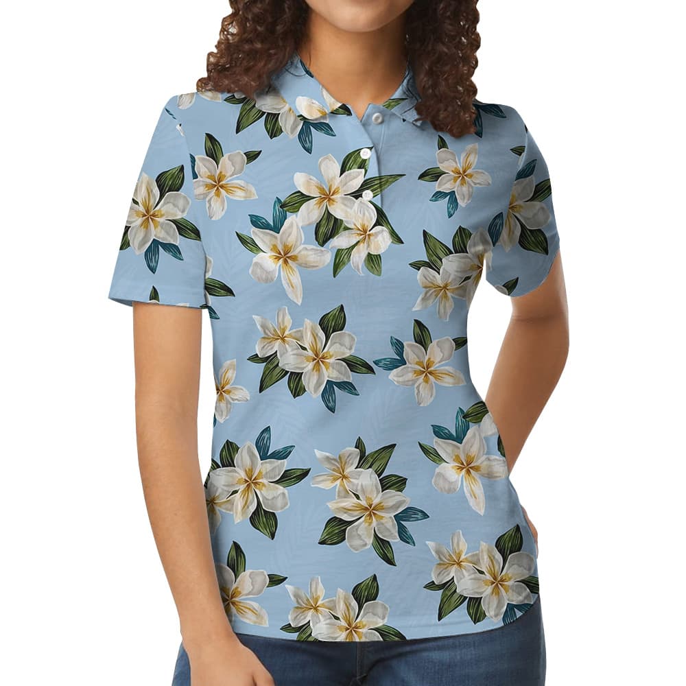 Blue Plumeria Pattern Polo Shirt (5)