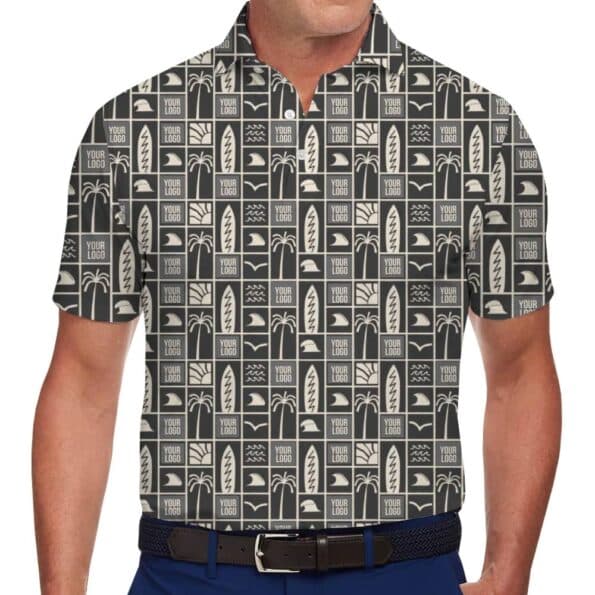 Stylish Black and Beige Polo Shirt with Tropical Elements and Branding