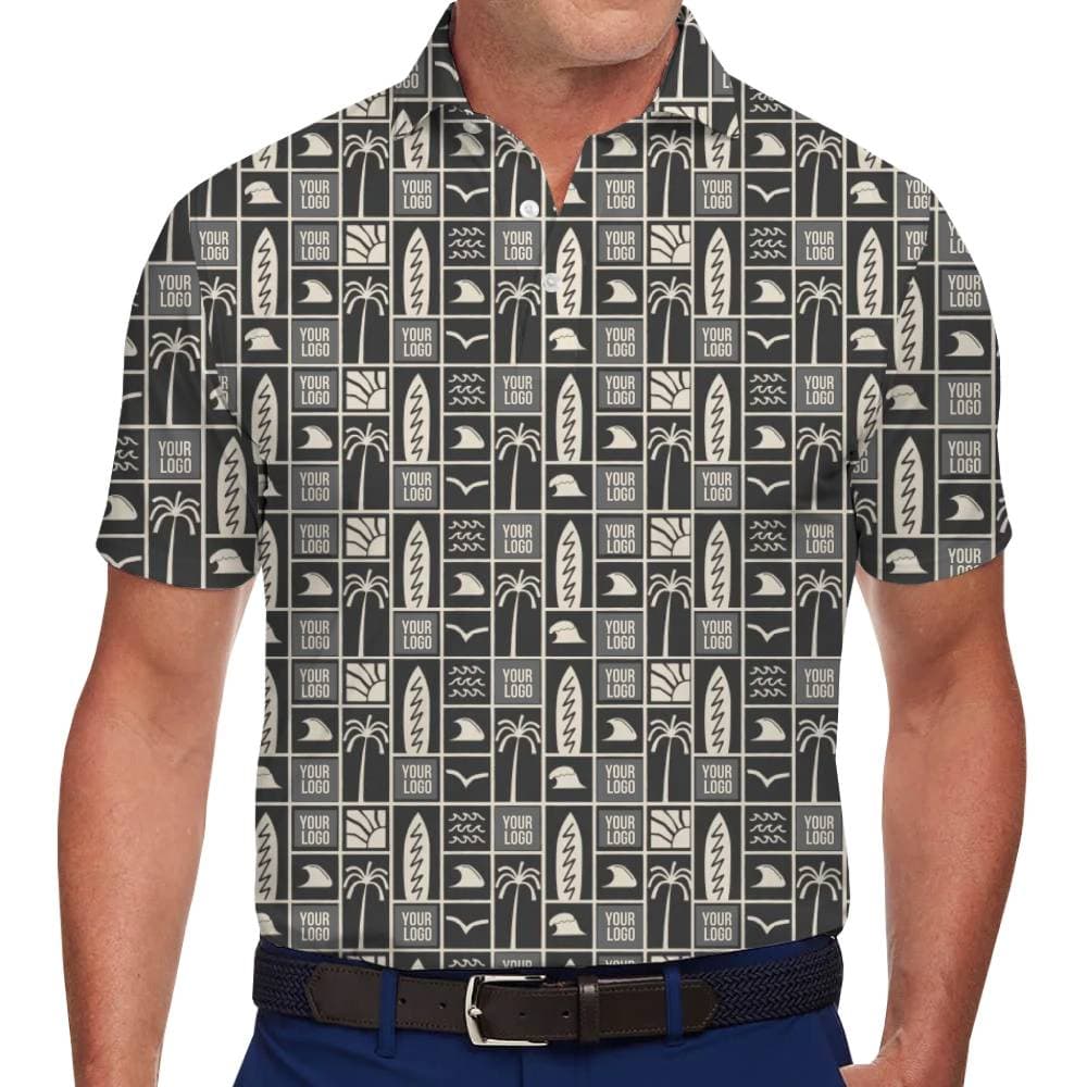 Stylish Black and Beige Polo Shirt with Tropical Elements and Branding