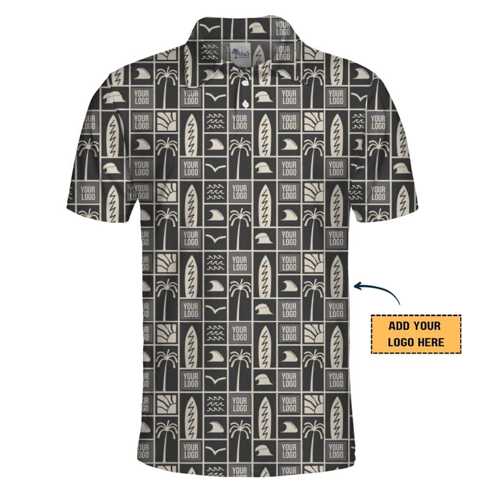 Stylish Black and Beige Polo Shirt with Tropical Elements and Branding