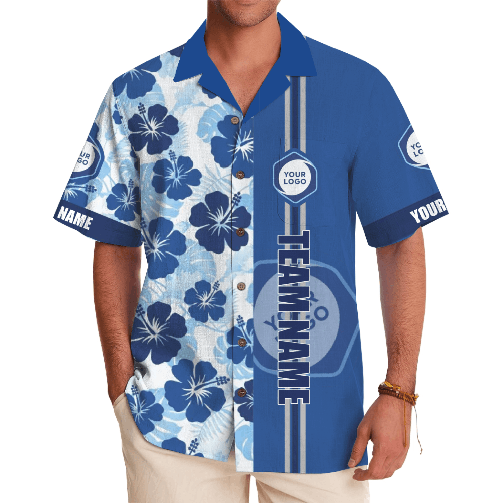 Custom Navy Hibiscus Team Logo and Name Split-Tone Hawaiian Shirt