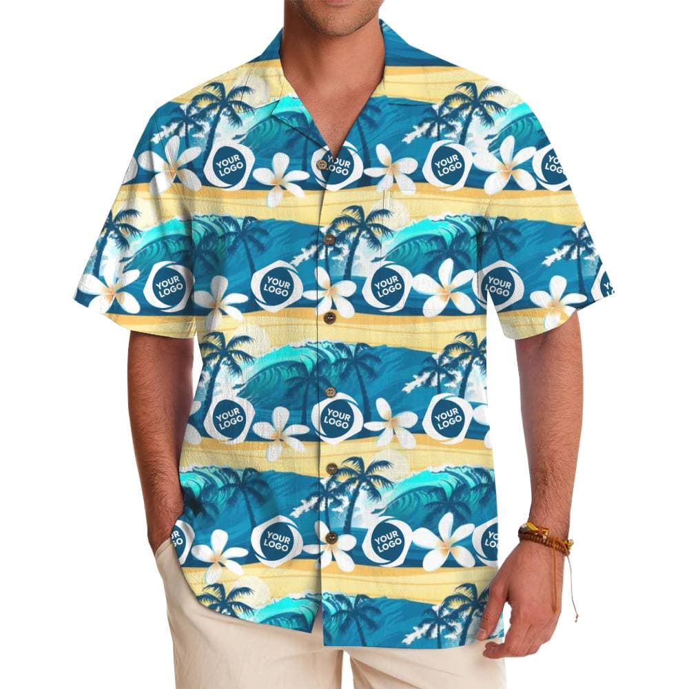 Custom Logo Tropical Ocean Wave Hawaiian Button Up Shirt