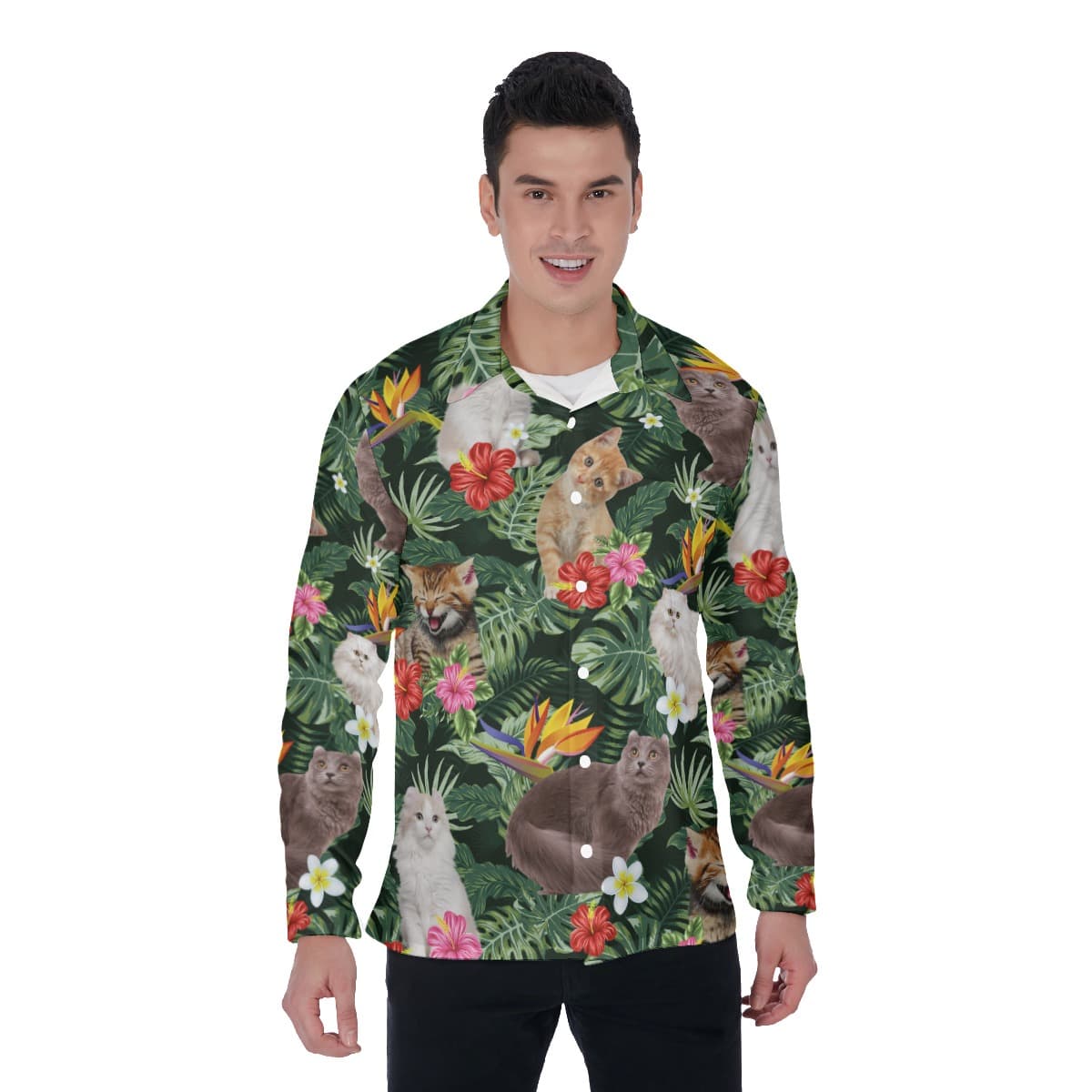 Cat Long Sleeve Hawaiian Shirt For Men