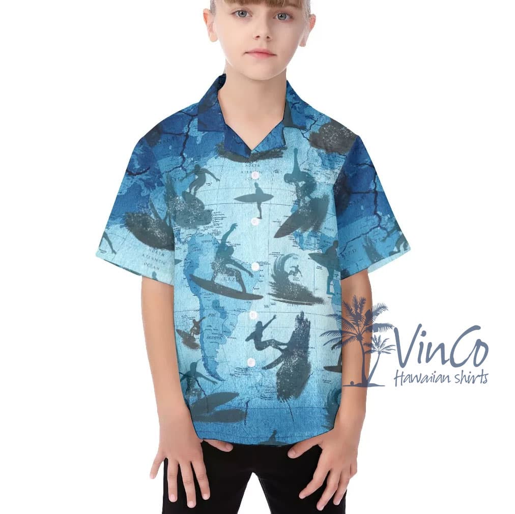 Cool Surfing Map Blue Hawaiian Shirt For Kids