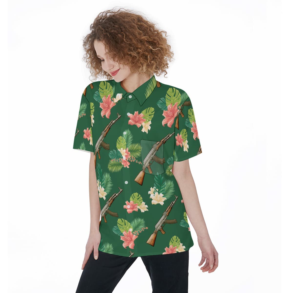 Gun Hawaiian Button Up Shirt For Women