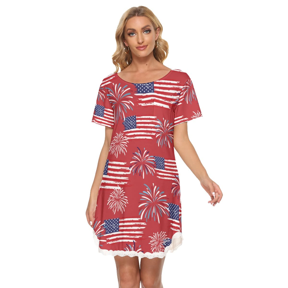 4th Of July Pattern Hawaiian Dress With Lace Edge For Women (1)