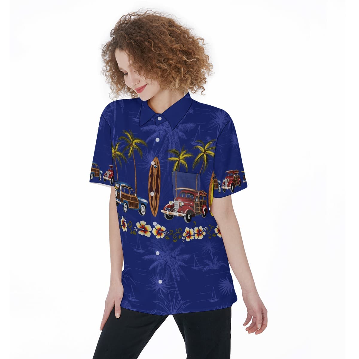 Cars Surfboard And Palm trees Hawaiian Shirt For Women (1)
