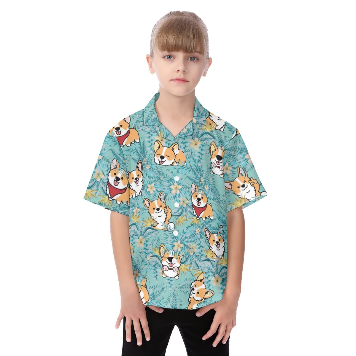 Corgi Welsh Button Short Sleeve Hawaiian Shirt For Kids (1)