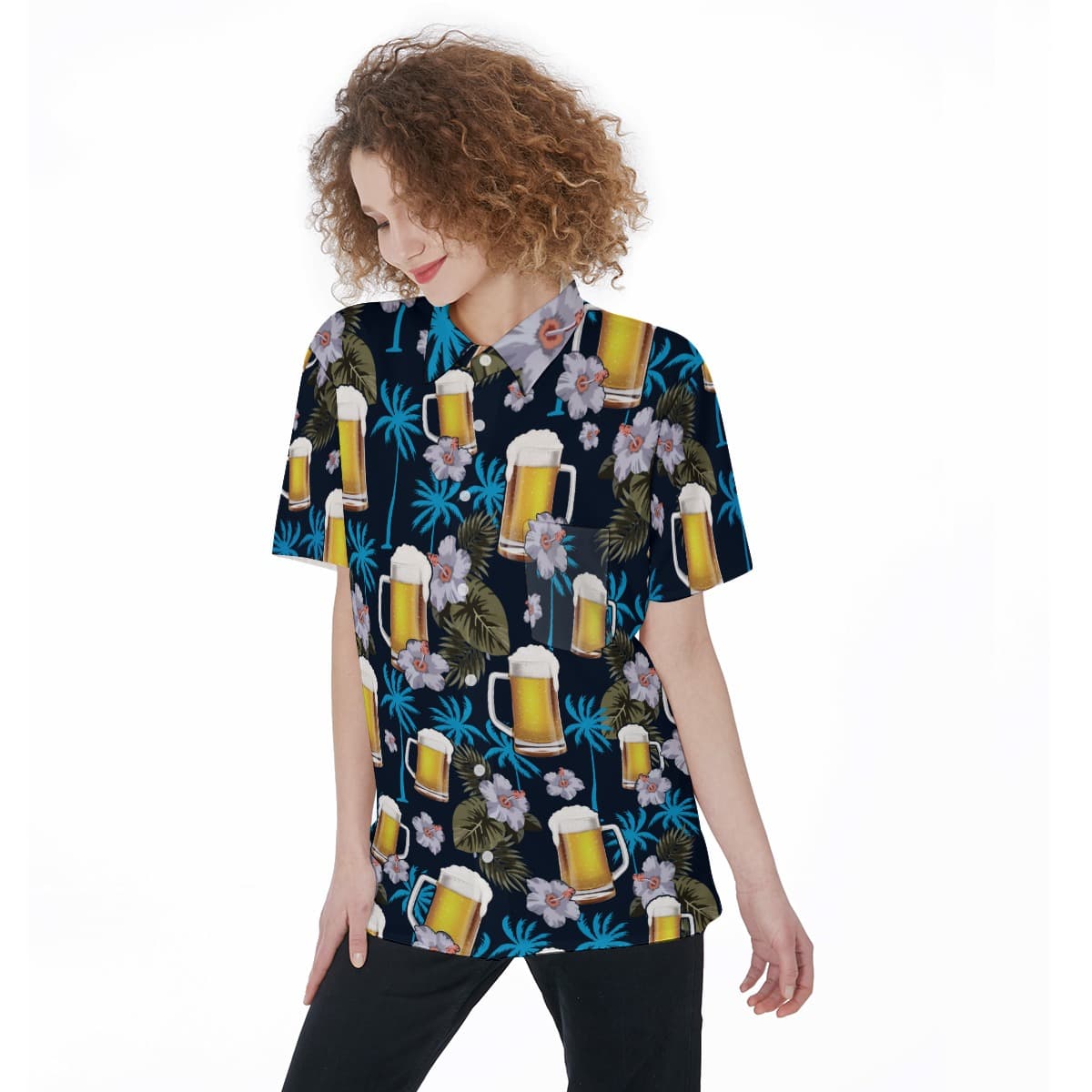 Drinking Party Aloha Shirt For Women Beer Floral Hawaiian Shirt (4)