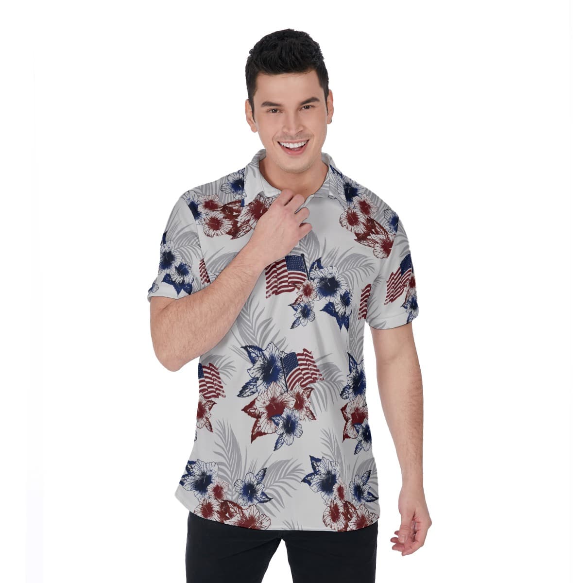Floral American Flag Hawaiian Polo Shirt For Men (1)