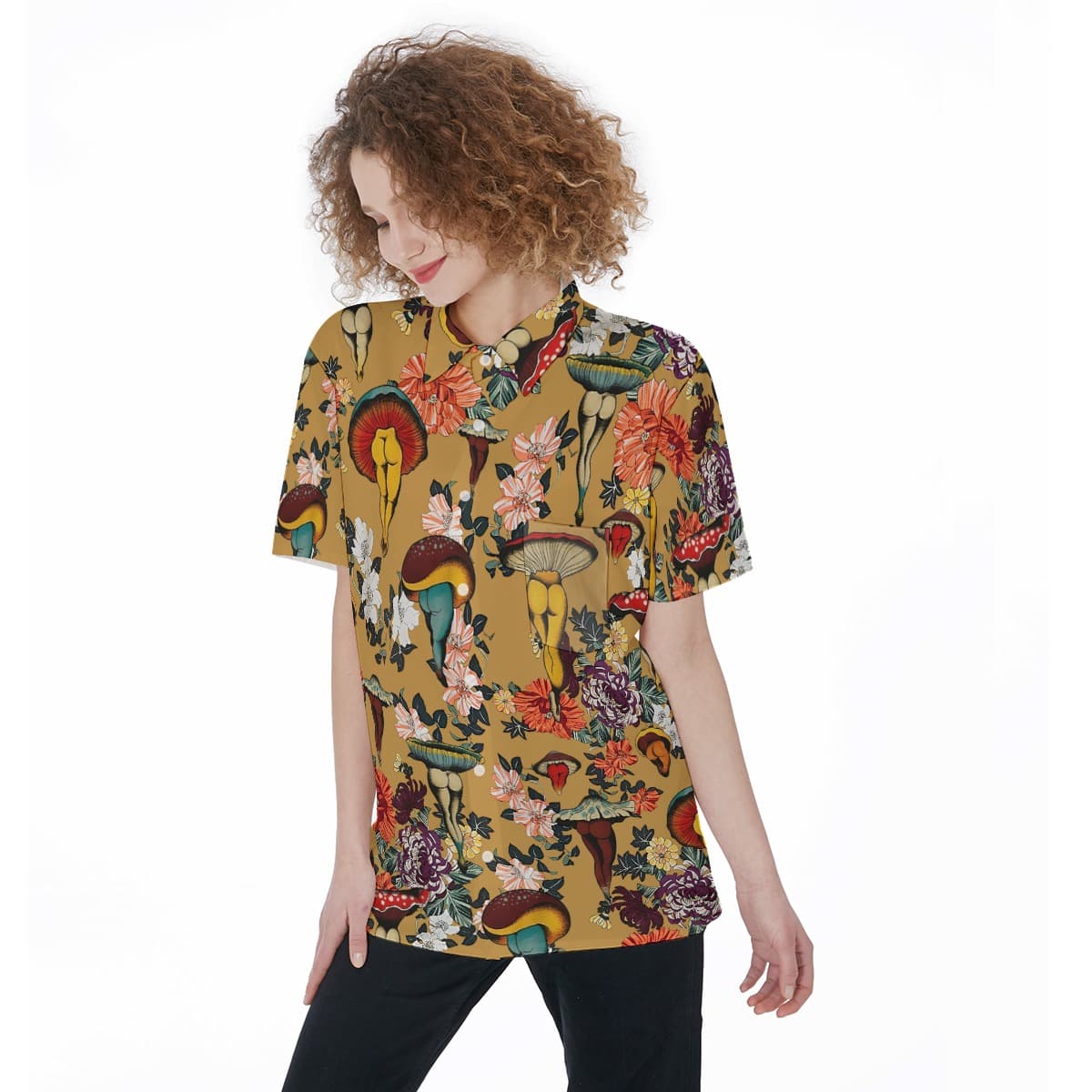 Funny Mushroom Floral Hawaiian Shirt For Women