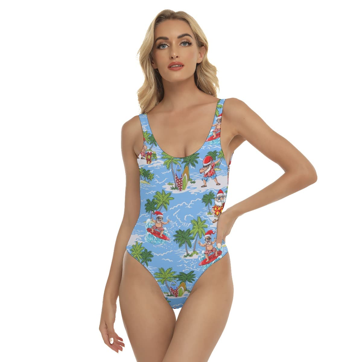 Funny Surfing Santa Claus Blue Swimsuit For Women (1)