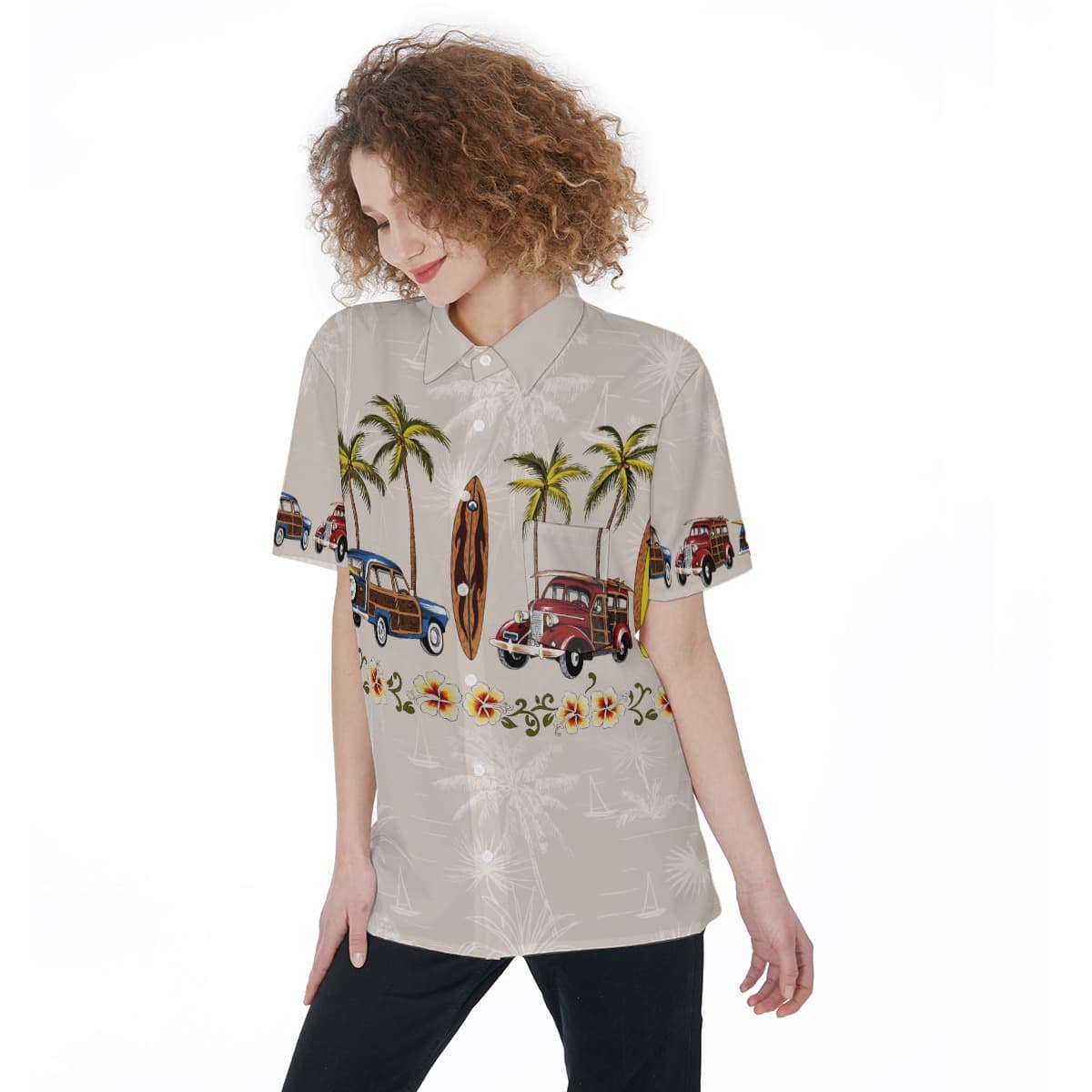 Hawaiian Shirt Surf Board Palm Tree Woody Car For Women